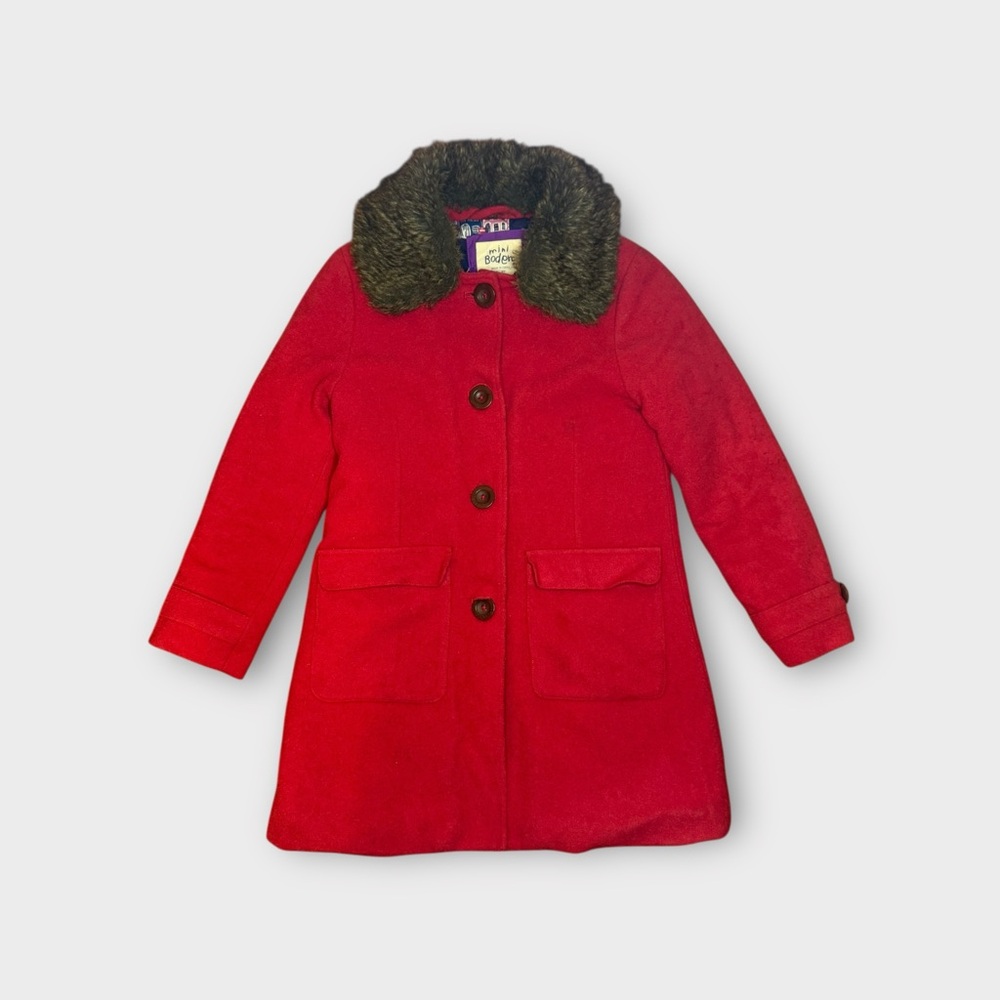 Mini Boden Vintage Red Wool Blend Faux Fur Collar Coat